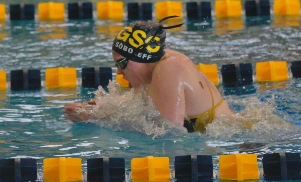 Glacier Swim Clubs Cora Soboleff swims in the 13 and over 200 backstroke during the 2025 Savannah Cayce Southeast Age Group Championships on Sunday at the Dimond Park Aquatic Center. (Klas Stolpe / Juneau Empire)