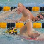 Glacier Swim Clubs Amy Liddle (age 15), top, passes GSC teammate Lily Francis (16) in the girls 11 and over 1,650 freestyle during the 2025 Savannah Cayce Southeast Age Group Championships on Friday at the Dimond Park Aquatic Center. Liddle won the event. (Klas Stolpe / Juneau Empire)