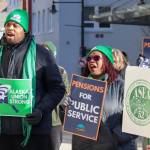 Members of the Alaska State Employees Association and AFSCME Local 52 hold a protest at the Alaska State Capitol on Friday, Feb. 14, 2025. (Jasz Garrett / Juneau Empire file photo)