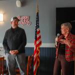 U.S. Forest Service Juneau District Ranger Michael Downs and Barb Miranda, acting supervisor for the Tongass National Forest, answer questions at a Greater Juneau Chamber of Commerce luncheon on Thursday, April 10, 2025. (Jasz Garrett / Juneau Empire)