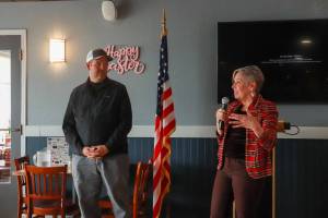 U.S. Forest Service Juneau District Ranger Michael Downs and Barb Miranda, acting supervisor for the Tongass National Forest, answer questions at a Greater Juneau Chamber of Commerce luncheon on Thursday, April 10, 2025. (Jasz Garrett / Juneau Empire)
