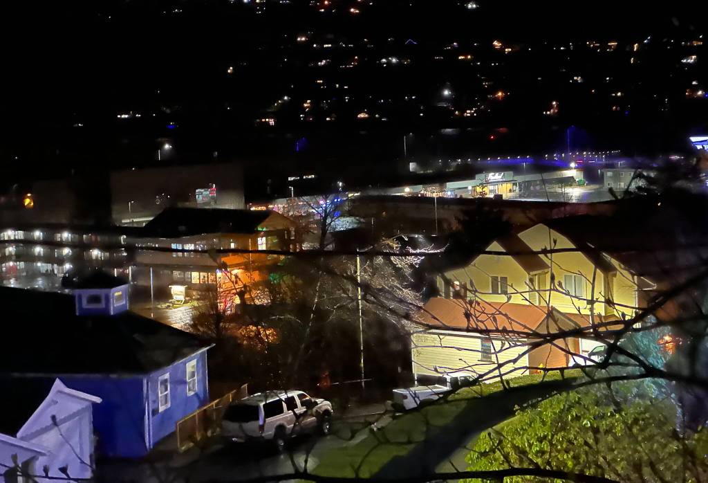 Power remained on in downtown Juneau on Sunday night, while two damaged poles left much of the rest of the town in the dark. (Mark Sabbatini / Juneau Empire)