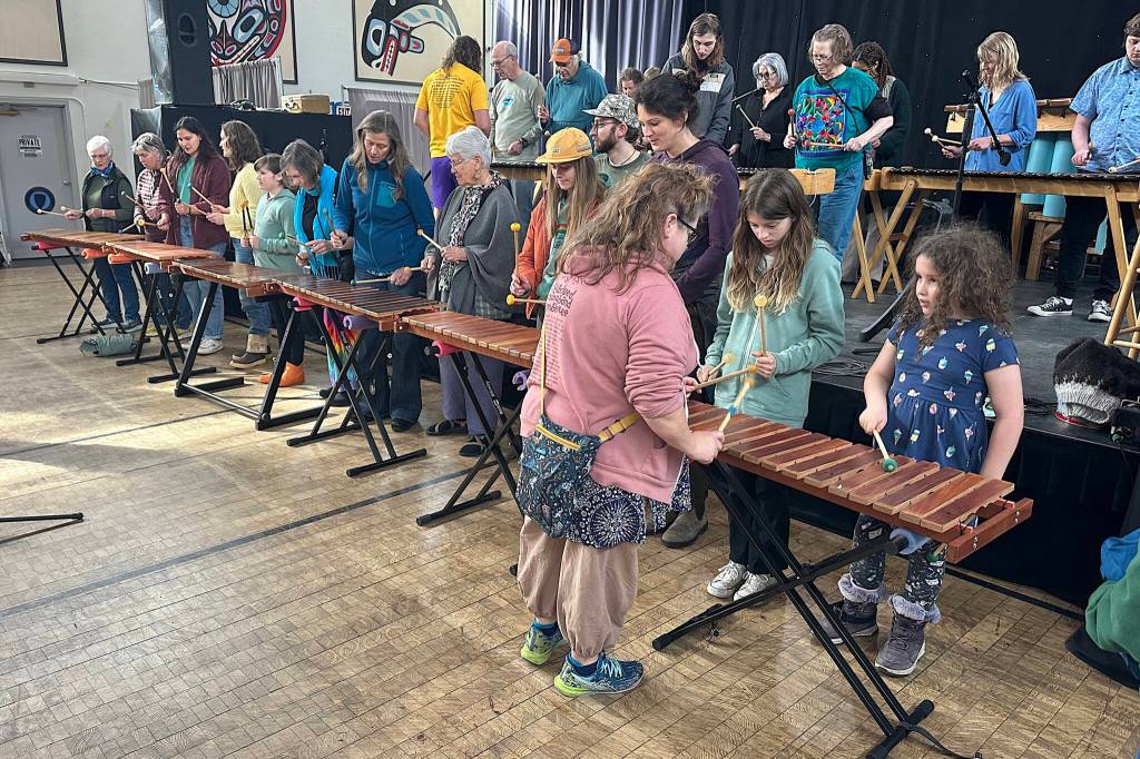 People of all ages participate in a Zimbabwean marimbas workshop Saturday at the Juneau Arts and Culture Center as part of the 50th Alaska Folk Festival. (Mark Sabbatini / Juneau Empire)