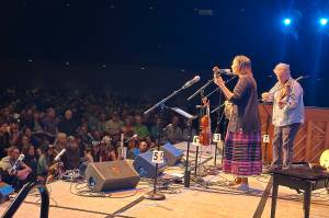 Rhiannon Giddens and Dirk Powell, the featured guest artists for the 50th Alaska Folk Festival, perform the final concert of the weeklong event at Centennial Hall on Sunday night. (Mark Sabbatini / Juneau Empire)