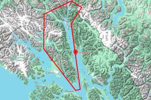 A map shows the area to the west of Lynn Canal where state transportation officials are seeking proposals to study a road and/or other transportation linking Juneau and other communities. (Google Maps)