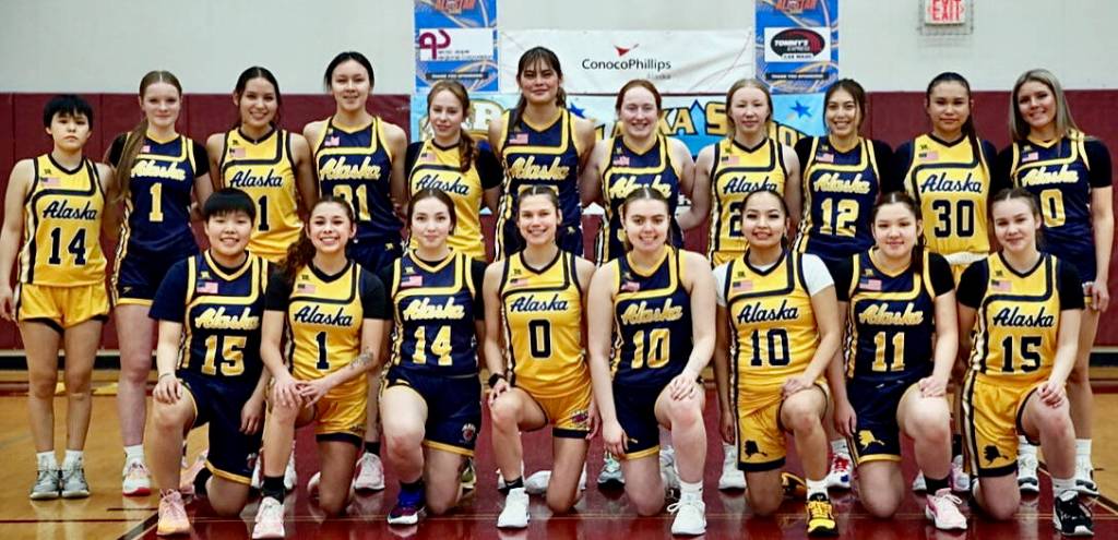 Southeast girls in the 1A/2A game included - back row - second from left Haines Ashlyn Ganey (blue 1), fifth from left Haines Emma Dohrn (gold), sixth from left Metlakatlas Lexi Cook (blue) and far right Hoonahs Krista Howland (blue 0). Front row - second from left Haines Ariel Godinez Long (gold 1), and fifth from left Klawocks Lea Amour (blue 10). (Photo courtesy Krista Howland)