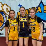 Haines seniors, left-to-right, Ariel Godinez Long, Ashlyn Ganey and Emma Dohrn pose at the AABC Alaska Senior All-Star Game on Saturday at Anchorages Grace Christian High School. (Photo courtesy Ashlyn Ganey)