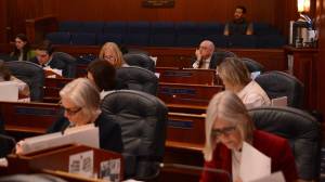 Rep. Andy Josephson, D-Anchorage and co-chair of the House Finance Committee, in charge of the operating budget, listens to debate Monday, April 14, 2025, on the operating budget. (James Brooks/Alaska Beacon)