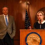 State Education Commissioner Deena Bishop discusses the status of school districts finances during a press conference with Gov. Mike Dunleavy at the Alaska State Capitol on Thursday, April 17, 2025. (Jasz Garrett / Juneau Empire)