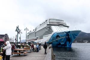 The Norwegian Bliss docks downtown on Monday, April 14, 2025. (Jasz Garrett / Juneau Empire file photo)