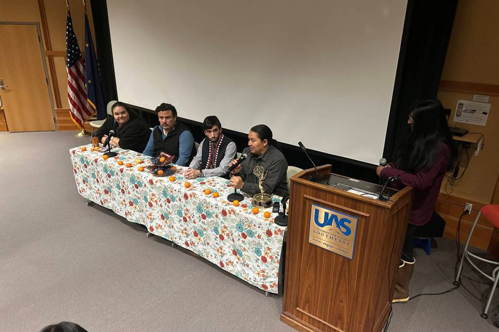 X̱unei Lance Twitchell (holding microphone) discusses writing an Emmy-winning episode of Molly of Denali during a forum with fellow Juneau show writers Vera Starbard, Frank Katasse and Wáatsasdiyei Joe Yates on Saturday at the University of Alaska Southeast. (Mark Sabbatini / Juneau Empire)