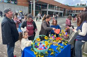 Aleijah Fulmer, 6, deposits the plastic shells of eggs in a basket after removing the candy inside during the Molly of Denali EGG-Stravaganza at the University of Alaska Southeast on Saturday. (Mark Sabbatini / Juneau Empire) (Mark Sabbatini / Juneau Empire)