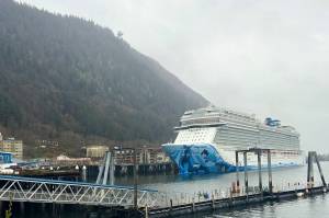The Norwegian Bliss cruise ship docks in downtown Juneau on Monday, April 21, 2025. (Mark Sabbatini / Juneau Empire)