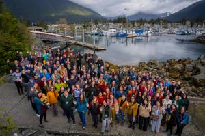 Participants of the 2024 Sustainable Southeast Partnership annual retreat in Sheetká (Sitka). This week more than 150 people are gathering for the 12th annual retreat to strengthen relationships, accelerate ideas and energize work already happening across the region. (Photo by Bethany Goodrich)