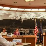 Russell Benford, representative for Royal Caribbean Group, answers questions from Mayor Beth Weldon on Thursday, April 24, 2025. (Jasz Garrett / Juneau Empire)