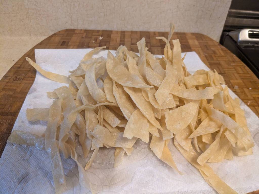 Tortilla strips after frying. (Photo by Patty Schied)