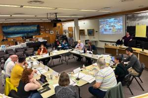 Juneau Assembly members and other city leaders get an overview of the proposed municipal budget for the coming fiscal year during meeting at City Hall on April 5, 2025. (Mark Sabbatini / Juneau Empire file photo)