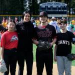 Harper Yadao, Kiah Yadao, Jacob Katasse and Parker Katasse  great grandchildren of Adair Kennedy Memorial Park namesake Richard Adair  were the ceremonial first pitch softball and baseball dignitaries during Saturdays GCLL Opening Day, and field grand reopening and rededication at Adair Kennedy Memorial Park. (Klas Stolpe / Juneau Empire)