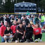 Family members of Adair Kennedy Memorial Park namesake Richard Adair pose during Saturdays Gastineau Channel Little League Opening Day, and field grand reopening and rededication at Adair Kennedy Memorial Park. (Klas Stolpe / Juneau Empire)