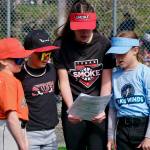 Gastineau Channel Little League players Colson Walker, Ellis Woodrow, Victoria Petrie and Devlin Dalman recite the Little League Pledge during Saturdays GCLL Opening Day, and field grand reopening and rededication at Adair Kennedy Memorial Park. (Klas Stolpe / Juneau Empire)