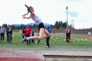 Juneau-Douglas High School: Yadaa.at Kalé senior Cailyn Baxter won the girls long jump with a 161 effort during Saturdays Capital City Invitational Track and Field meet at Juneaus Thunder Mountain Middle School field. (Klas Stolpe / Juneau Empire)