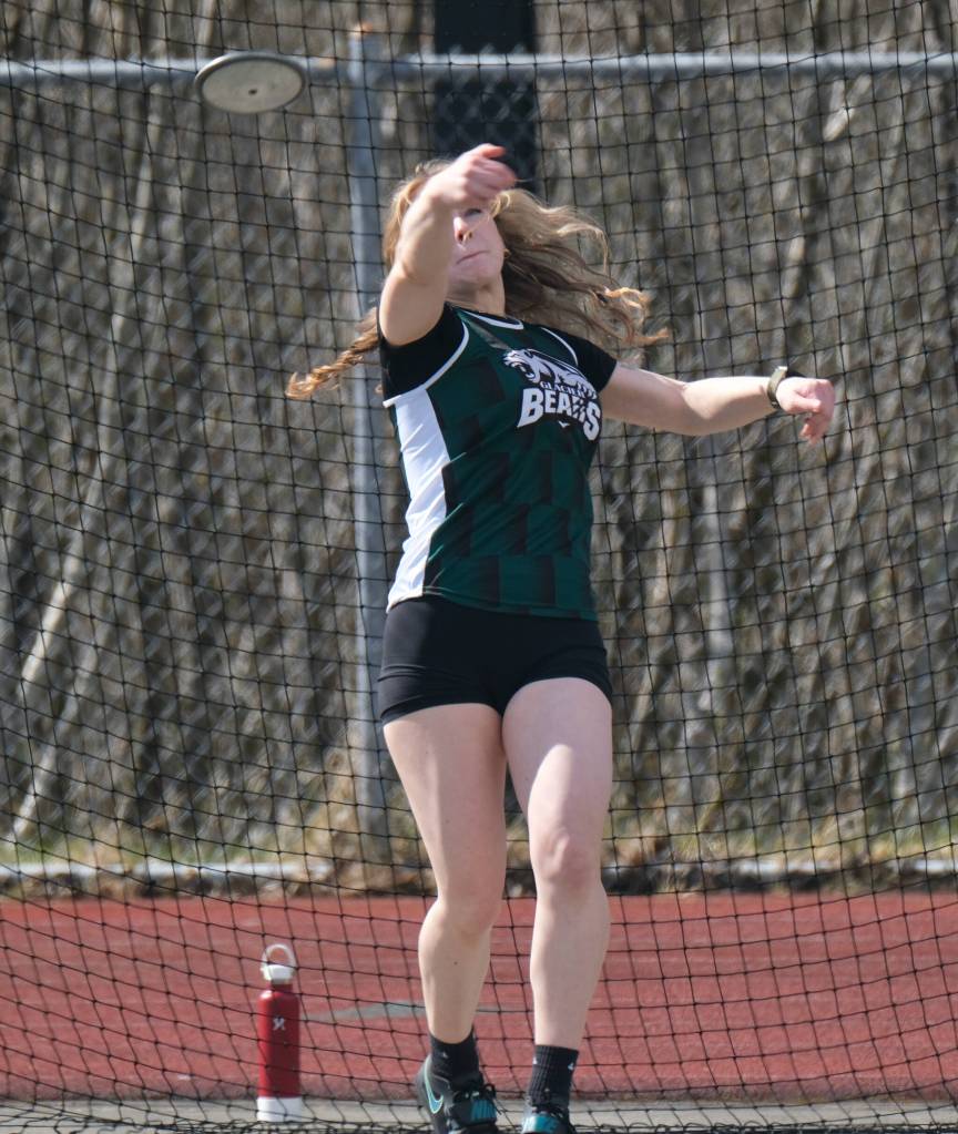 Haines senior Emma Dohrn wins the girls discus with a throw of 1066 during Saturdays Capital City Invitational Track and Field meet at Juneaus Thunder Mountain Middle School field. (Klas Stolpe / Juneau Empire)