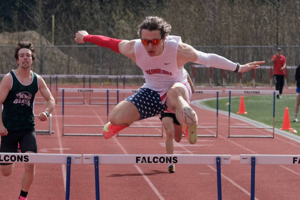 Juneau-Douglas High School: Yadaa.at Kalé senior Finley Hightower wins the boys 300 hurdles in 44.1 during Saturdays Capital City Invitational Track and Field meet at Juneaus Thunder Mountain Middle School field. (Klas Stolpe / Juneau Empire)