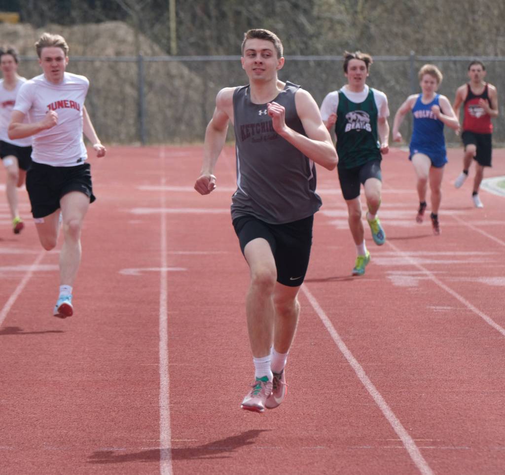 Ketchikan sophomore Henry Vail wins the boys 400 in 52.57 with JDHS senior Ben Sikes second in 54.61 during Saturdays Capital City Invitational Track and Field meet at Juneaus Thunder Mountain Middle School field. (Klas Stolpe / Juneau Empire)