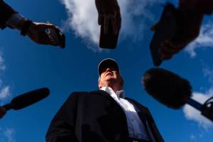 President Donald Trump speaks to reporters before boarding Air Force One at Morristown Airport in Morristown, N.J., on Sunday, April 27, 2025. (Eric Lee/The New York Times)