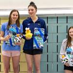 Glacier Swim Clubs Valerie Peimann and Emma Fellman tied for first place for the 15-19 girls high-point award at the Alaska Swimming State Championships last weekend in Anchorage. At right is third-placer Lelaina Trembath of Chugiak Aquatics Club (Photo courtesy GSC).