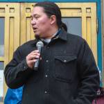 X̱unei Lance Twitchell, University of Alaska Southeast professor of Alaska Native Languages, speaks at a May Day rally on Thursday, May 1, 2025. (Jasz Garrett / Juneau Empire)