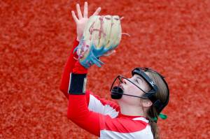Juneau-Douglas High School: Yadaa.at Kalé sophomore June Troxel catches a pop-up during the Crimson Bears 10-5 loss to Ketchikan at Dudley Field on Friday. (Christopher Mullen/Ketchikan Daily News)