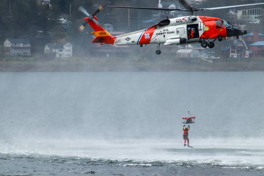 The U.S. Coast Guard demonstrates a search-and-rescue during the Juneau Maritime Festival on Saturday, May 3, 2025. (Jasz Garrett / Juneau Empire)