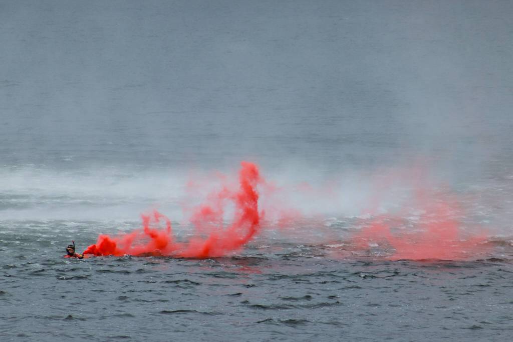 The U.S. Coast Guard demonstrates a search-and-rescue during the Juneau Maritime Festival on Saturday, May 3, 2025. (Jasz Garrett / Juneau Empire)
