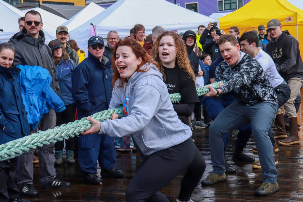 The U.S. Coast Guard Juneau team wins tug-of-war for the fifth year in a row at the Juneau Maritime Festival on Saturday, May 3, 2025. (Jasz Garrett / Juneau Empire)