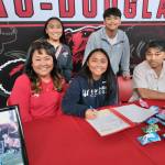Juneau-Douglas High School: Yadaa.at Kalé senior Milina Mazon signs a Northwest Athletic Conference Letter of Intent on Monday in the JDHS commons to attend Edmonds College in Lynnwood, Washington, and play soccer for the Tritons. Shown from left are mother Heidi, sister Asianna, Milina, brother Sam and father Sonny. (Klas Stolpe / Juneau Empire)