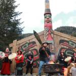 Wayne Price (center), carver of the healing totem pole Kaasei Satú at Twin Lakes, dances on Missing and Murdered Indigenous Persons Awareness Day on Monday, May 5, 2025. (Jasz Garrett / Juneau Empire)