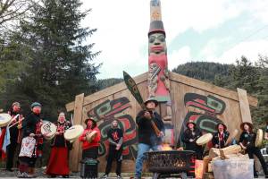 Wayne Price (center), carver of the healing totem pole Kaasei Satú at Twin Lakes, dances on Missing and Murdered Indigenous Persons Awareness Day on Monday, May 5, 2025. (Jasz Garrett / Juneau Empire)