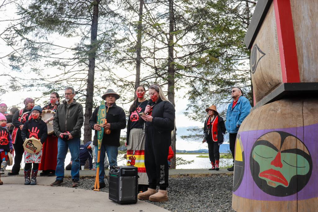 Kaelyn Schneider speaks about her missing mother, Tracy Lynn Day, at a Missing and Murdered Indigenous Persons Remembrance Ceremony on Monday, May 5, 2025. (Jasz Garrett / Juneau Empire)