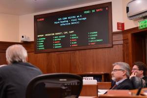 Members of the Alaska Senate watch the tally board for the vote on the states draft operating budget, Wednesday, May 7, 2025. (James Brooks/Alaska Beacon)