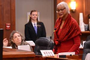 Sen. Elvi Gray-Jackson, D-Anchorage, speaks in the Alaska State Capitol on Wednesday, Feb. 5, 2025. (James Brooks/Alaska Beacon)