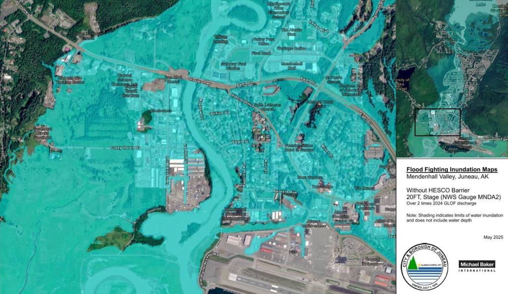 A 20-foot flood inundation map, considered an improbable worst-case scenario, shows that flooding without HESCO barriers would impact much of the Mendenhall Valley. It would require double the volume of the glacial outburst flood discharge in August 2024 and an atmospheric river event. (Map provided by City and Borough of Juneau)