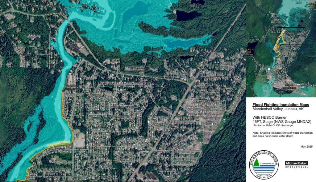 A 16-foot flood inundation map shows the eastern Mendenhall Valley protected by HESCO barriers with a glacial outburst flood discharge similar to August 2024. The study by Michael Baker International considers the Mendenhall Rivers changed topography. (Map provided by City and Borough of Juneau)