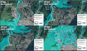 A collage of the flood inundation maps shows eight feet without barriers, 16 feet with barriers, 18 feet with barriers, and 20 feet without barriers. The study by Michael Baker International considers the Mendenhall Rivers changed topography. (Maps provided by City and Borough of Juneau)