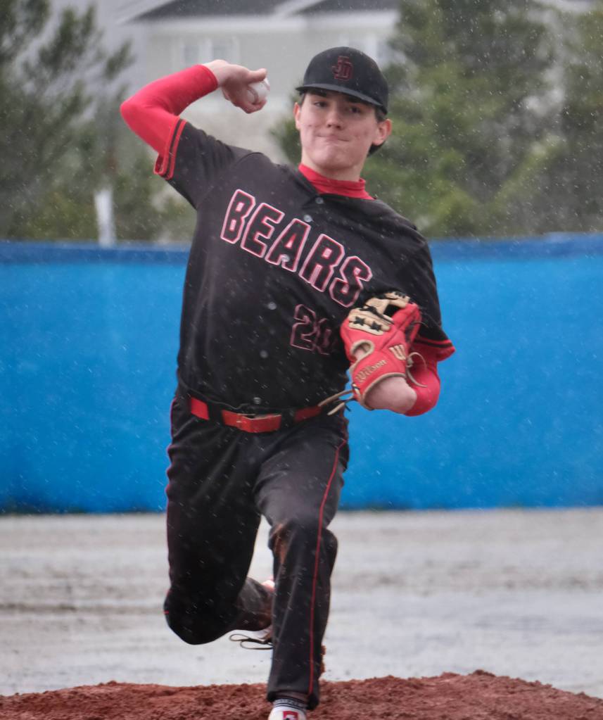 Juneau-Douglas High School: Yadaa.at Kalé senior Christian Nelson (20) pitches during the Crimson Bears 12-7 win over the Petersburg Vikings on Friday at Mort Fryer Ball Park in Petersburg. (Klas Stolpe / Juneau Empire)