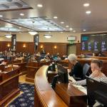 House Majority Leader Chuck Kopp (R-Anchorage), right, presents an overview of a bill reviving pensions for public employees during a House floor session Monday, May 12, 2025. (Mark Sabbatini / Juneau Empire)