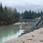 HESCO barriers line the Mendenhall River on Monday, May 12, 2025. (Jasz Garrett / Juneau Empire)