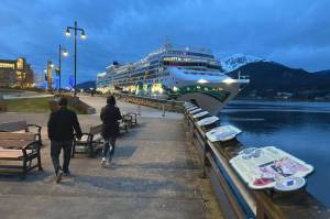 A cruise ship docks in downtown Juneau on April 30, 2025. (Mark Sabbatini / Juneau Empire file photo)