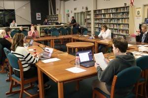 Juneau Board of Education members including Will Muldoon (foreground), whose seat is currently open after he resigned April 21, meet at Thunder Mountain Middle School on Sept. 10, 2024. Five candidates for the open seat are scheduled to be interviewed on Saturday at TMMS. (Mark Sabbatini / Juneau Empire file photo)