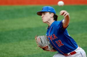 Sitka junior Caleb Calhoun pitched a perfect game, striking out all 15 batters he faced in a 24-0, five-inning Sitka win over Kayhi at Norman Walker Field on Saturday. (Photo by Christopher Mullen / Ketchikan Daily News)